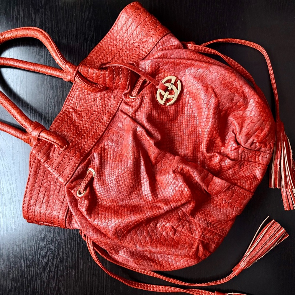 Marc Ecko Red Orange Faux Leather Slouchy Hobo Bag Tassel Shoulder Purse
